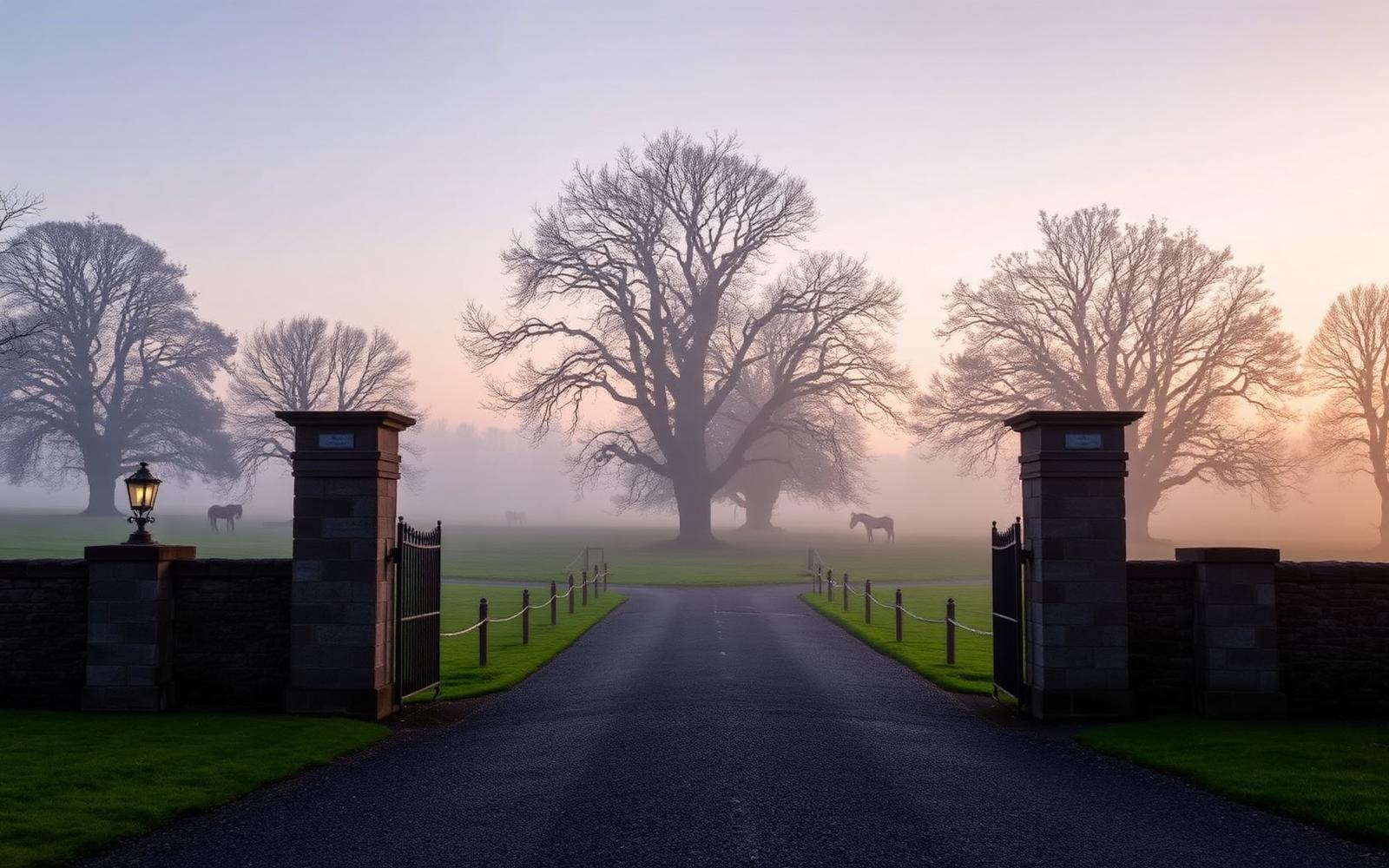 Irish stud farm entrance at dawn